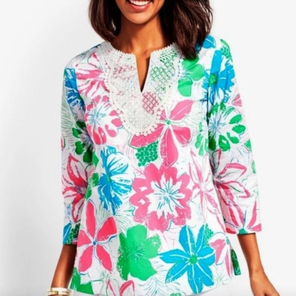 Talbots Floral Crochet Tunic Top Size M